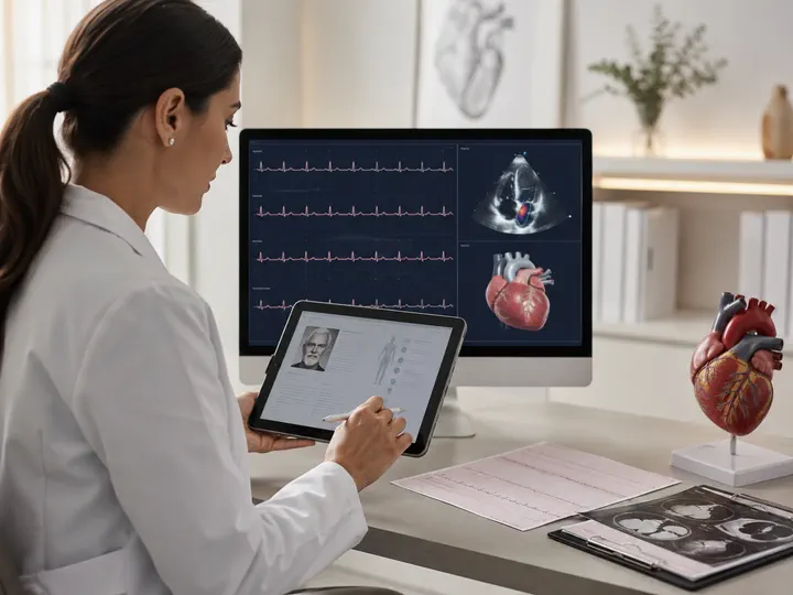 Médica acompanhando exames e plano de cuidado cardiológico