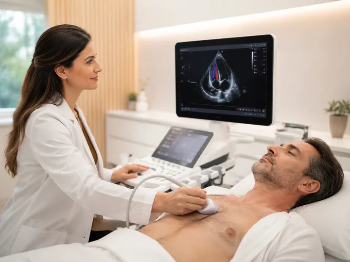 Paciente realizando ecocardiograma em consultório cardiológico
